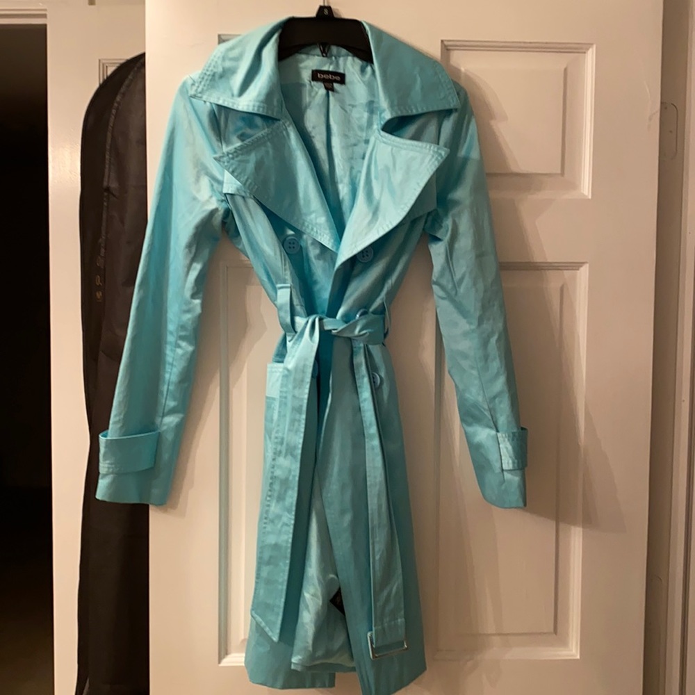 Bebe light blue satin trenchcoat